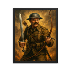Mad Jack Churchill with broadsword and longbow framed print on a plain backdrop in size 16"x20".