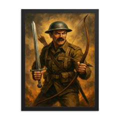 Mad Jack Churchill with broadsword and longbow framed print on a plain backdrop in size 18"x24".