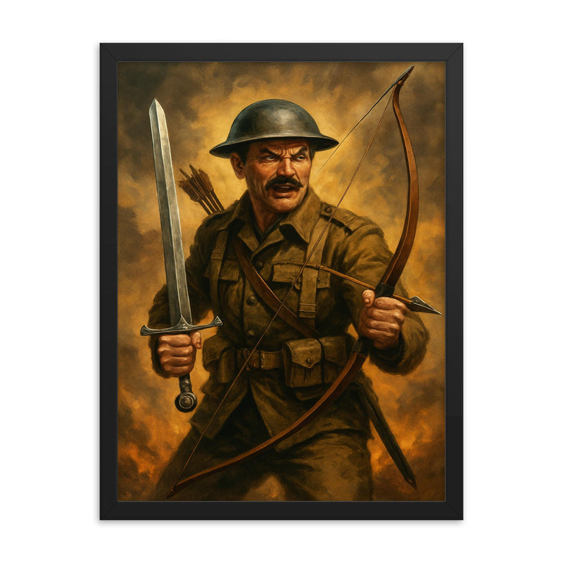 Mad Jack Churchill with broadsword and longbow framed print on a plain backdrop in size 18