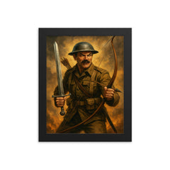 Mad Jack Churchill with broadsword and longbow framed print on a plain backdrop in size 8"x10".