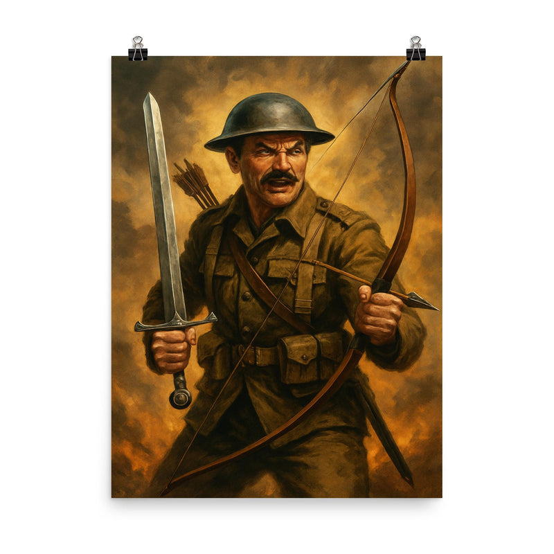 Mad Jack Churchill with broadsword and longbow poster on a plain backdrop in size 8
