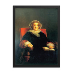 Madame Clicquot Ponsardin framed print on a plain backdrop in size 18"x24".