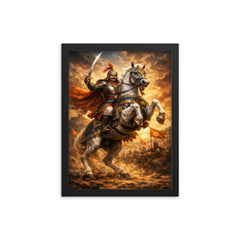 Maharana Pratap on Chetak rearing framed print on a plain backdrop in size 12"x16".