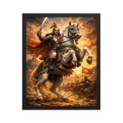 Maharana Pratap on Chetak rearing framed print on a plain backdrop in size 16"x20".