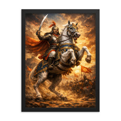 Maharana Pratap on Chetak rearing framed print on a plain backdrop in size 18"x24".