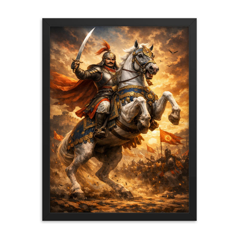 Maharana Pratap on Chetak rearing framed print on a plain backdrop in size 18