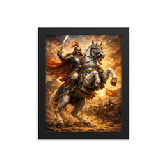 Maharana Pratap on Chetak rearing framed print on a plain backdrop in size 8"x10".
