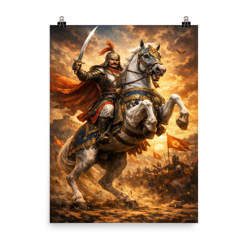 Maharana Pratap on Chetak rearing poster on a plain backdrop in size 8