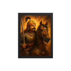 Maharana Pratap with Chetak portrait framed print on a plain backdrop in size 12"x16".
