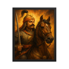 Maharana Pratap with Chetak portrait framed print on a plain backdrop in size 16"x20".
