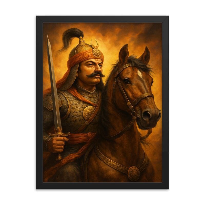 Maharana Pratap with Chetak portrait framed print on a plain backdrop in size 18