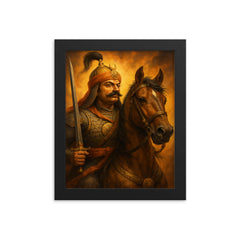 Maharana Pratap with Chetak portrait framed print on a plain backdrop in size 8"x10".