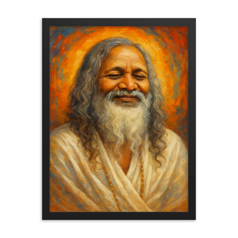 Maharishi Mahesh Yogi framed print on a plain backdrop in size 18