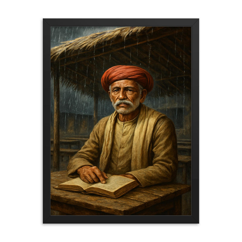 Mahatma Jyotirao Phule under monsoon classroom roof framed print on a plain backdrop in size 18