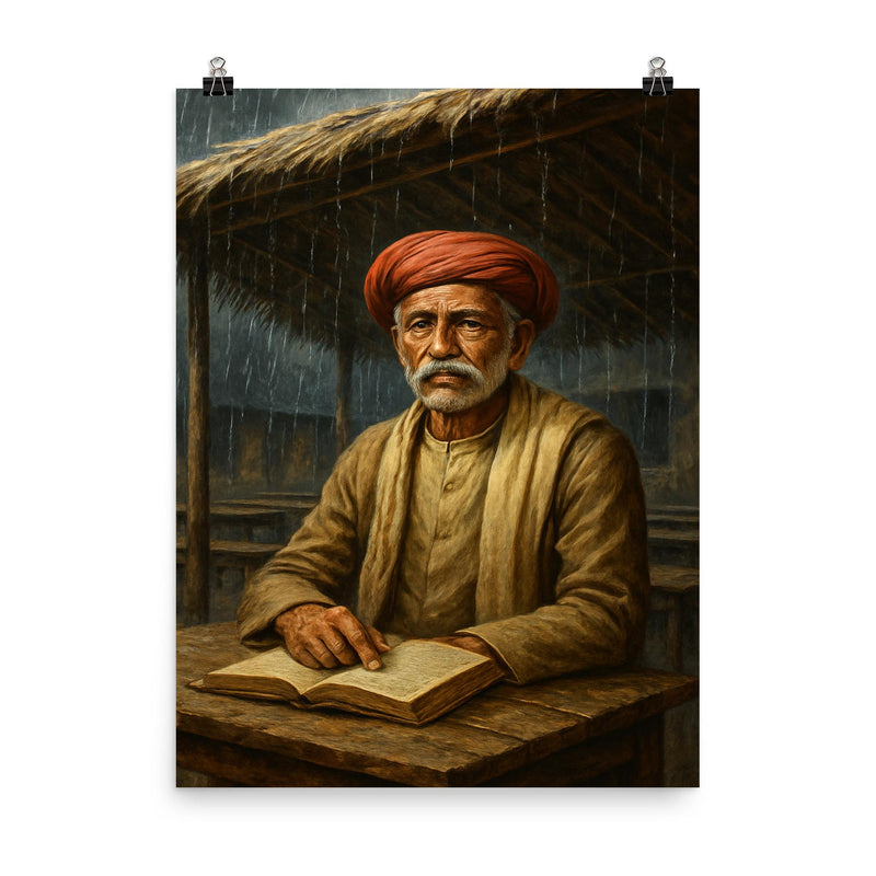 Mahatma Jyotirao Phule under monsoon classroom roof poster on a plain backdrop in size 8