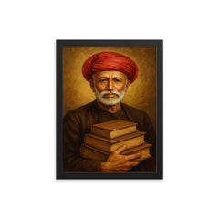 Mahatma Jyotirao Phule with schoolbooks and turban framed print on a plain backdrop in size 12"x16".