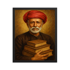 Mahatma Jyotirao Phule with schoolbooks and turban framed print on a plain backdrop in size 16"x20".