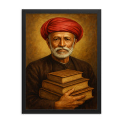 Mahatma Jyotirao Phule with schoolbooks and turban framed print on a plain backdrop in size 18"x24".