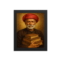 Mahatma Jyotirao Phule with schoolbooks and turban framed print on a plain backdrop in size 8"x10".