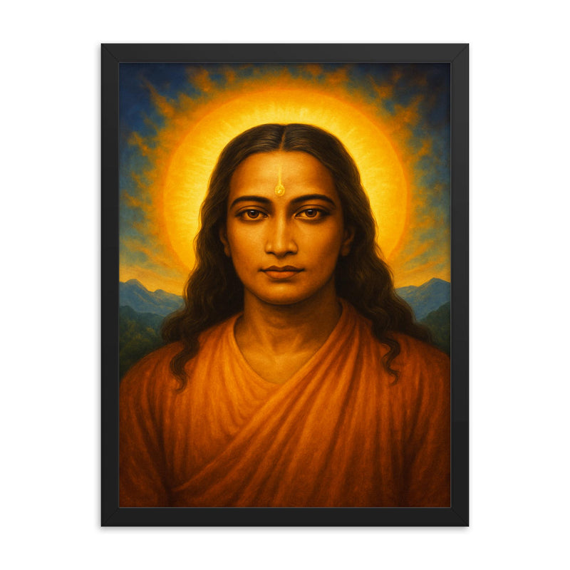 Mahavatar Babaji framed print on a plain backdrop in size 18