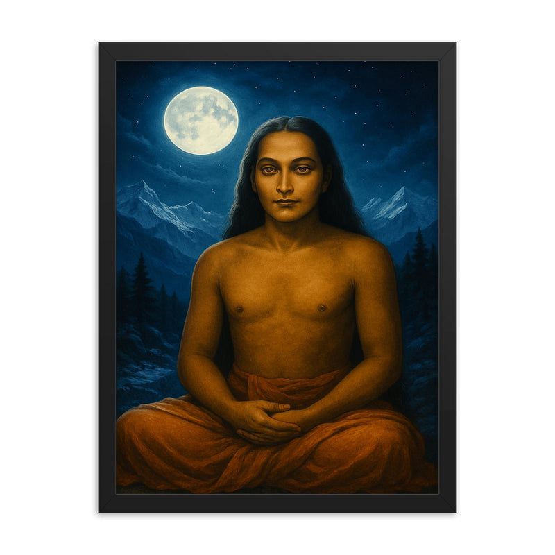 Mahavatar Babaji in Himalayan moonlight framed print on a plain backdrop in size 18