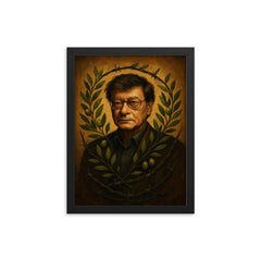 Mahmoud Darwish with olive branches and barbed wire framed print on a plain backdrop in size 12"x16".