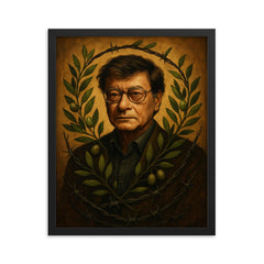Mahmoud Darwish with olive branches and barbed wire framed print on a plain backdrop in size 16"x20".