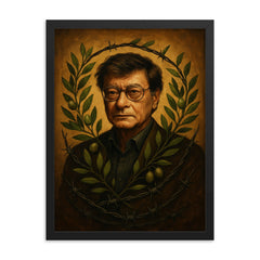 Mahmoud Darwish with olive branches and barbed wire framed print on a plain backdrop in size 18"x24".