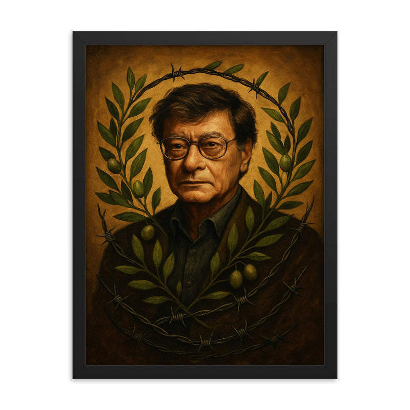 Mahmoud Darwish with olive branches and barbed wire framed print on a plain backdrop in size 18