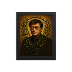 Mahmoud Darwish with olive branches and barbed wire framed print on a plain backdrop in size 8"x10".