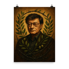 Mahmoud Darwish with olive branches and barbed wire poster on a plain backdrop in size 8"x10".