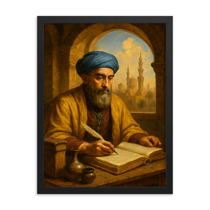 Maimonides in Cairo physician study framed print on a plain backdrop in size 18