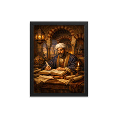 Maimonides in Córdoba study with manuscripts framed print on a plain backdrop in size 12"x16".