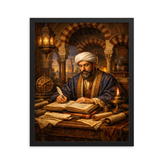Maimonides in Córdoba study with manuscripts framed print on a plain backdrop in size 16"x20".