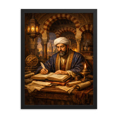 Maimonides in Córdoba study with manuscripts framed print on a plain backdrop in size 18"x24".