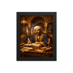 Maimonides in Córdoba study with manuscripts framed print on a plain backdrop in size 8"x10".