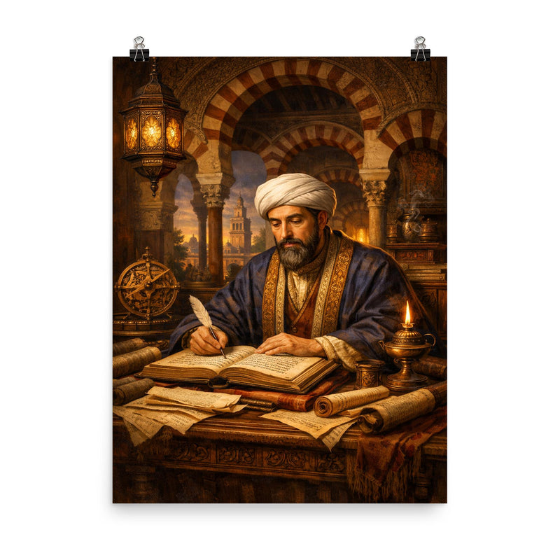 Maimonides in Córdoba study with manuscripts poster on a plain backdrop in size 8