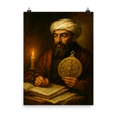 Maimonides with astrolabe and candlelit manuscripts poster on a plain backdrop in size 8"x10".