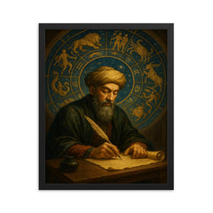 Maimonides writing under celestial zodiac dome framed print on a plain backdrop in size 16"x20".