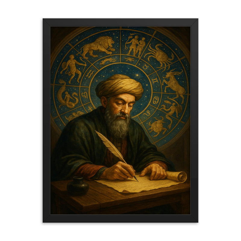 Maimonides writing under celestial zodiac dome framed print on a plain backdrop in size 18