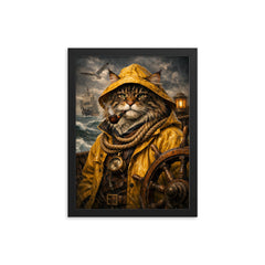 Maine Coon sea captain in oilskins framed print on a plain backdrop in size 12"x16".
