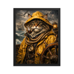 Maine Coon sea captain in oilskins framed print on a plain backdrop in size 16"x20".