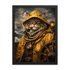 Maine Coon sea captain in oilskins framed print on a plain backdrop in size 18"x24".
