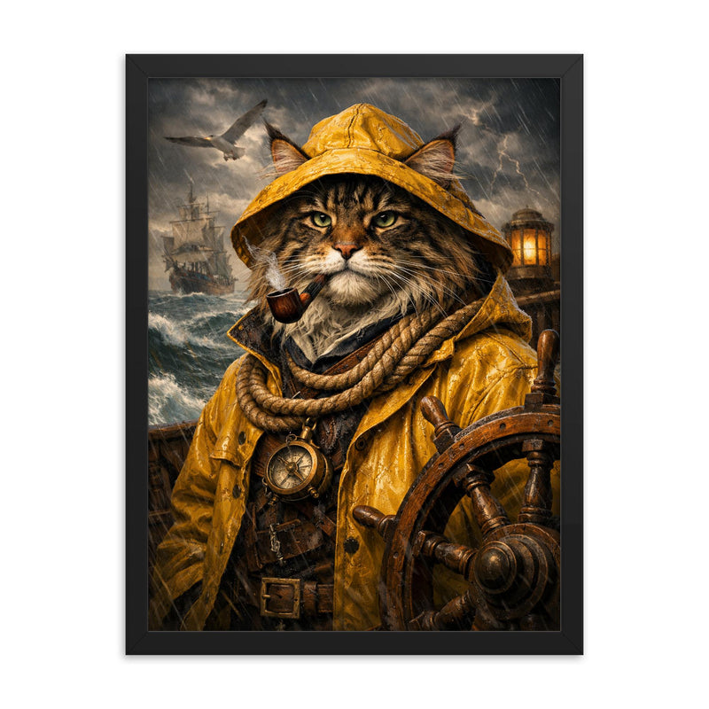 Maine Coon sea captain in oilskins framed print on a plain backdrop in size 18