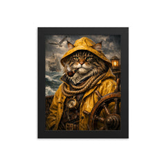 Maine Coon sea captain in oilskins framed print on a plain backdrop in size 8"x10".