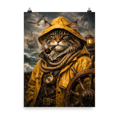 Maine Coon sea captain in oilskins poster on a plain backdrop in size 8"x10".