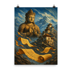 Maitreya prophecy scrolls in windswept Himalayan monastery poster on a plain backdrop in size 8"x10".