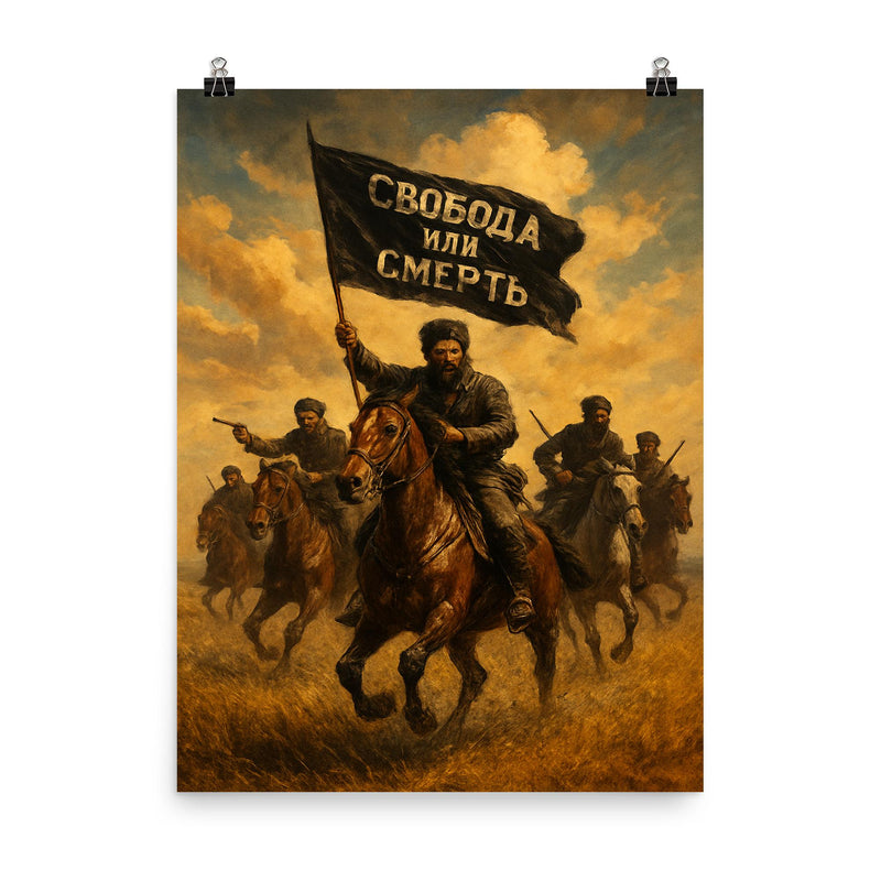 Makhno black banner cavalry in Ukrainian steppe poster on a plain backdrop in size 8