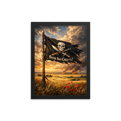 Makhno black banner over Ukrainian steppe framed print on a plain backdrop in size 12"x16".