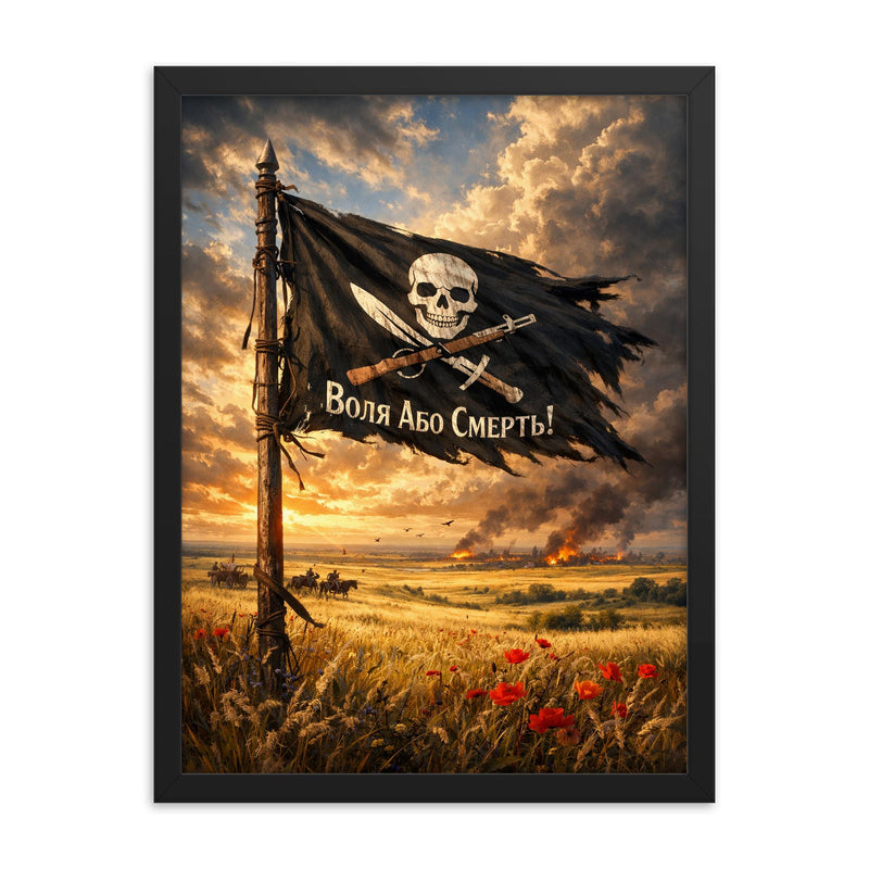 Makhno black banner over Ukrainian steppe framed print on a plain backdrop in size 18